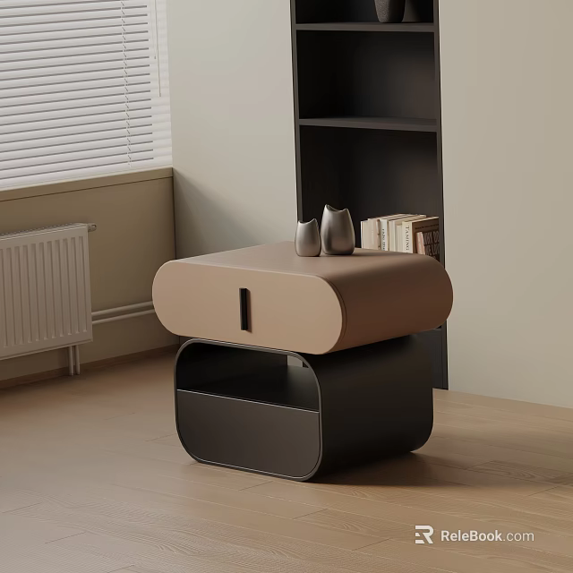 Modern Two Tone Bedside Table With Beige Top Black Base And Decorative Vases In Bedroom 3d model 