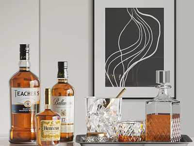 Elegant Wine Bottles And Glasses With Ice On Tray And Decorative Artwork Background 3d model