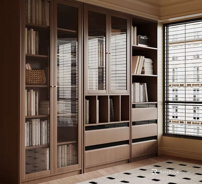 Modern Glass Door Bookcase With Multiple Shelves And Storage Drawers In Bright Room 3d model 