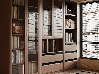Modern Glass Door Bookcase With Multiple Shelves And Storage Drawers In Bright Room 3d model