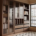 Modern Glass Door Bookcase With Multiple Shelves And Storage Drawers In Bright Room