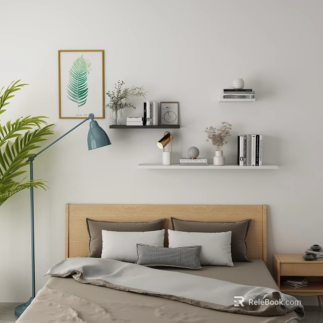 Cozy Bedroom Wall Cabinets With Decorative Vases Books Artwork And Floor Lamp 3d model 