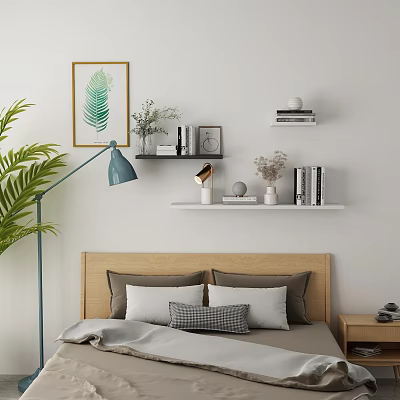 Cozy Bedroom Wall Cabinets With Decorative Vases Books Artwork And Floor Lamp 3d model