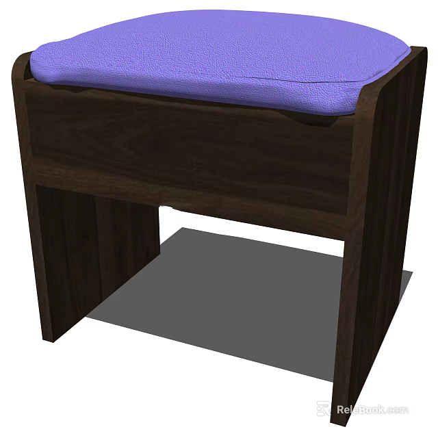 Dark Brown Wooden Stool With Purple Cushion And Simple Sturdy Design Features 3d model 