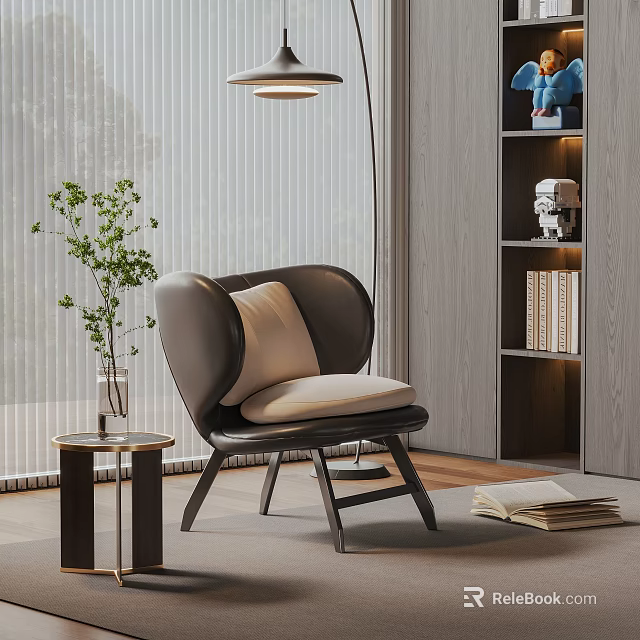 Modern Accent Chair With Curved Back Beige Cushion Side Table Green Plant And Wooden Floor 3d model 