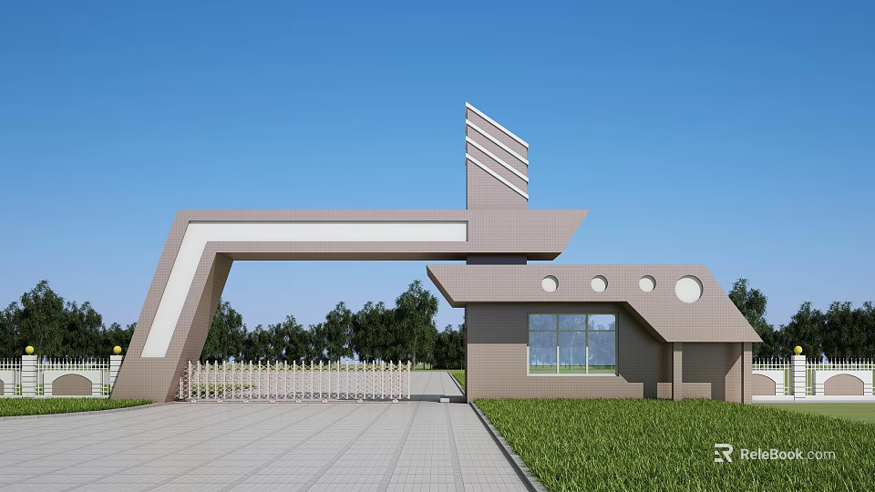 Modern Entrance Gate With Geometric Architecture Brick Structure And Green Trees 3d model 