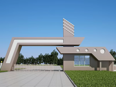 Modern Entrance Gate With Geometric Architecture Brick Structure And Green Trees 3d model
