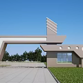Modern Entrance Gate With Geometric Architecture Brick Structure And Green Trees 3d model