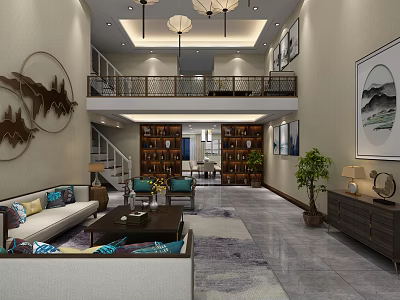 Chinese Modern Clubhouse Interior With Staircase Bookshelves Sofa Coffee Table And Paintings 3d model