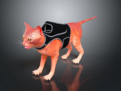 Orange Cat Wearing Black Vest Standing And Licking Tongue On Dark Reflective Surface 3d model