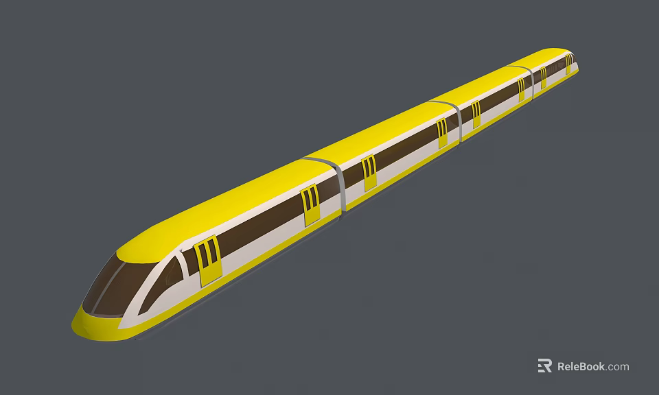 Yellow Modern Long Train With Streamlined Front And Multiple Carriages 3d model 
