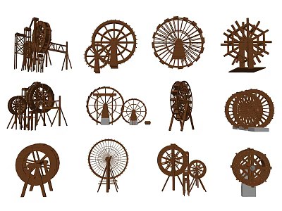 Garden Ornaments with Various Wooden Water Wheel Designs and Decorative Styles 3d model
