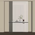 Modern Entryway Hallway Interior Design With Striped Wall Panel Lighting Console Shelf And Decorative Plant