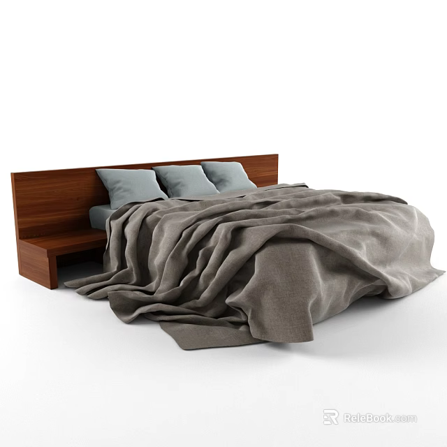 Cozy Double Bed With Wooden Headboard Light Blue Pillows And Gray Blanket 3d model 