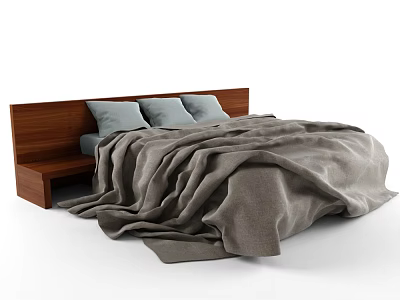 Cozy Double Bed With Wooden Headboard Light Blue Pillows And Gray Blanket 3d model