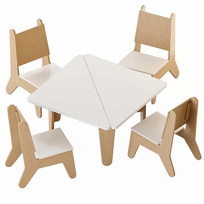White Foldable Dining Table Set with Four Wooden Chairs and White Seats 3d model