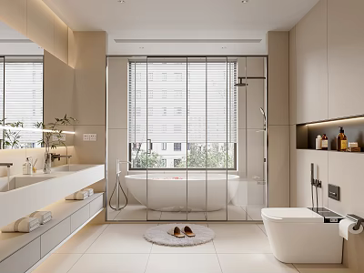 Modern Bathroom Interior Design With Double Sink Vanity Bathtub Shower Area Cabinets And Window Blinds 3d model