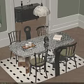 Elegant Dining Table Set with Patterned Tabletop Wooden Chairs and Decorative Vase Books Candles