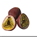 Fresh Passion Fruit With Purple Red Skin Halved Showing Yellow Pulp And Black Seeds