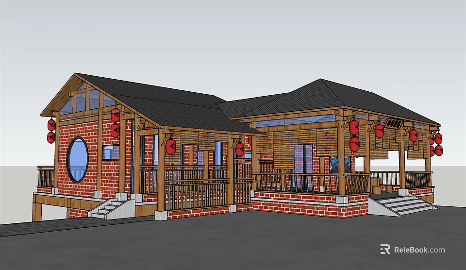 Traditional Chinese Style Homestay Building With Red Brick Walls Wooden Structure And Red Lanterns 3d model 