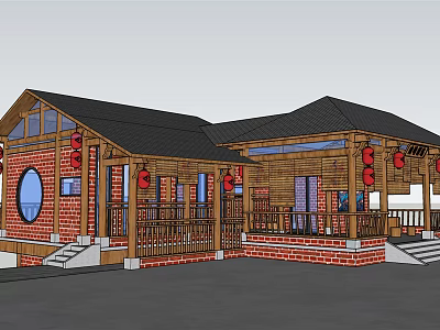 Traditional Chinese Style Homestay Building With Red Brick Walls Wooden Structure And Red Lanterns 3d model