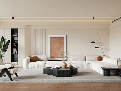 Modern Living Room Interior With White Sofa Decorative Artwork Green Plant And Black Coffee Table 3d model