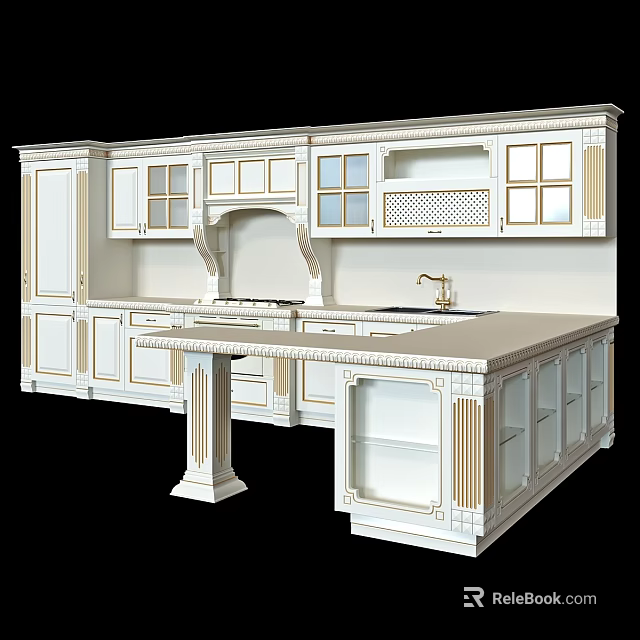 European Style White Kitchen Interior With Ornate Cabinets And Marble Island 3d model 