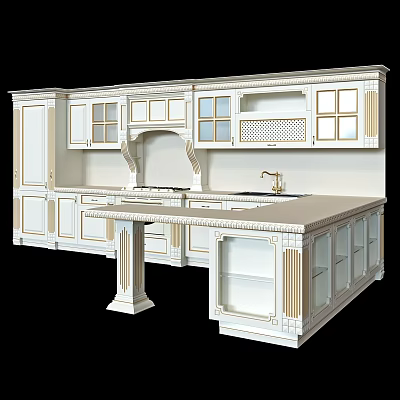 European Style White Kitchen Interior With Ornate Cabinets And Marble Island 3d model