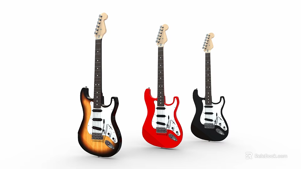 Three Stylish Electric Guitars In Sunburst Red And Black Colors For Music Enthusiasts 3d model 