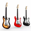 Three Stylish Electric Guitars In Sunburst Red And Black Colors For Music Enthusiasts