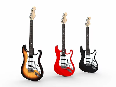 Three Stylish Electric Guitars In Sunburst Red And Black Colors For Music Enthusiasts 3d model