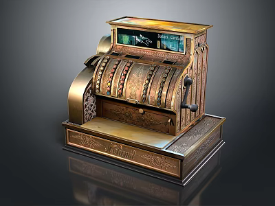 Vintage Brass Cash Register With Ornate Carvings Mechanical Components And Top 3d model