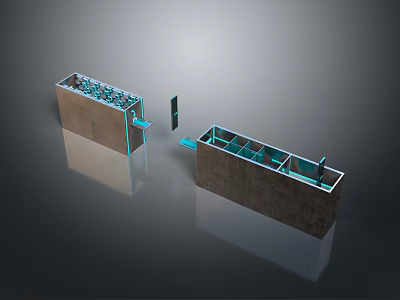 Industrial Mechanical Scene Components With Blue Outlined Internal Structure And Two Rectangular Frame Designs 3d model