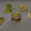 Natural Stone and Wood Elements Covered with Green Moss and Rustic Textures in Outdoor Setting