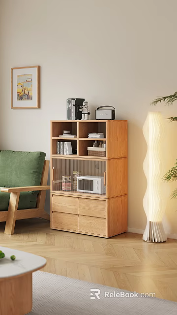 Wooden Storage Cabinet With Glass Door Shelves And Drawers In Living Room 3d model 