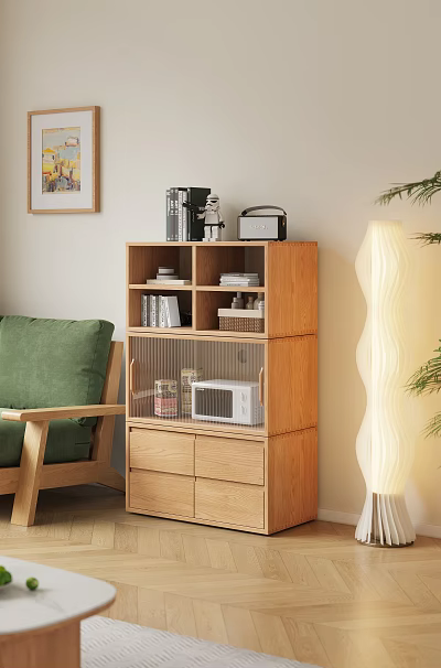 Wooden Storage Cabinet With Glass Door Shelves And Drawers In Living Room 3d model