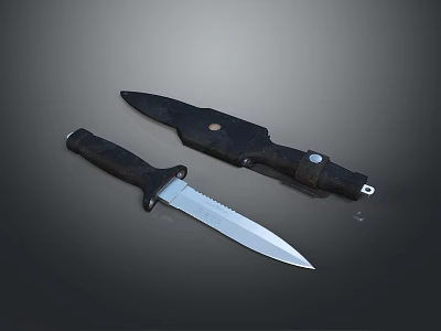 Military Weapon Knife With Black Handle Sharp Silver Blade And Durable Black Sheath 3d model