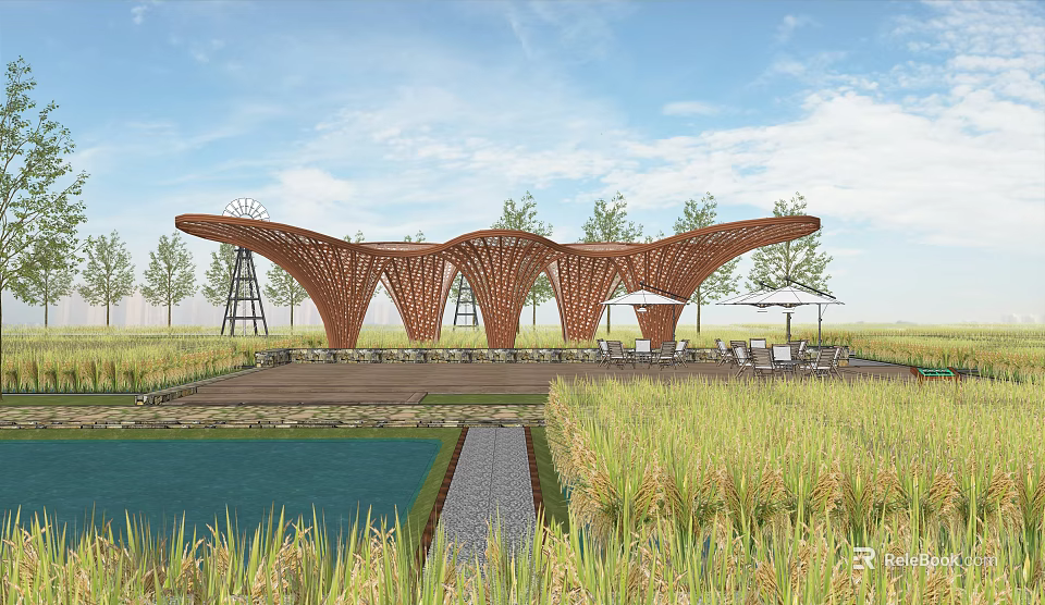 Modern Pergola Design With Curved Wooden Structure Rice Fields And Water Pond 3d model 