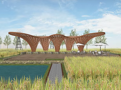 Modern Pergola Design With Curved Wooden Structure Rice Fields And Water Pond 3d model