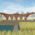 Modern Pergola Design With Curved Wooden Structure Rice Fields And Water Pond