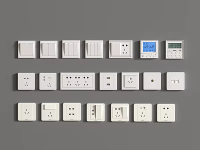 Various White Switch Panels Featuring Different Types Sockets And Digital 3d model