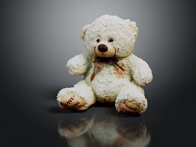 White Fluffy Teddy Bear with Brown Bow Tie Text on Paws on Black Reflective Surface 3d model