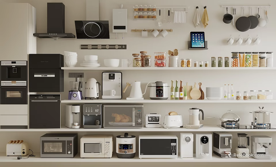 Organized Kitchen Shelves With Essential Appliances Microwaves Coffee Makers Ovens Kettles 3d model 