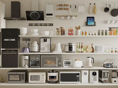 Organized Kitchen Shelves With Essential Appliances Microwaves Coffee Makers Ovens Kettles 3d model