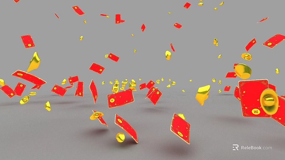 Red Envelopes and Gold Ingots Floating in Festive Celebration Atmosphere 3d model