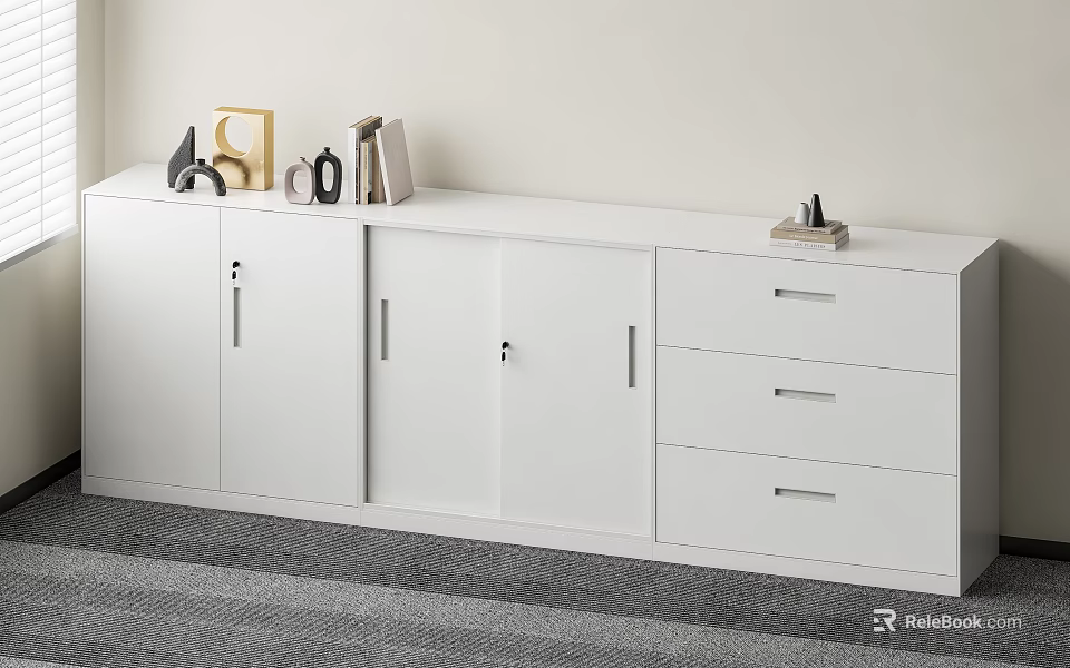 Modern White File Cabinet Design With Sliding Doors Drawers And Decorative Items On Top 3d model 