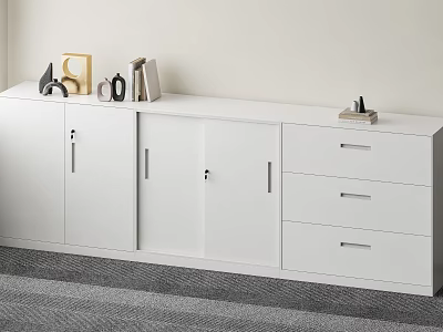 Modern White File Cabinet Design With Sliding Doors Drawers And Decorative Items On Top 3d model