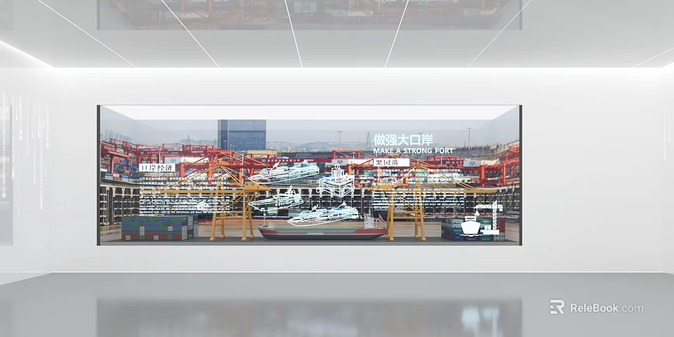 Background Wall Displaying Major Port Scene With Cranes Containers And Ships 3d model 