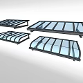 Glass Canopies with Black Frames Various Shapes Including Flat Top and Curved Designs