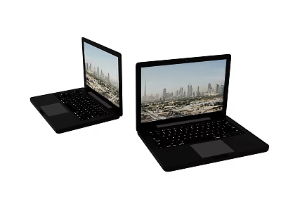 Two Black Laptops Featuring Cityscape Display On Screens And Sleek Modern Design 3d model
